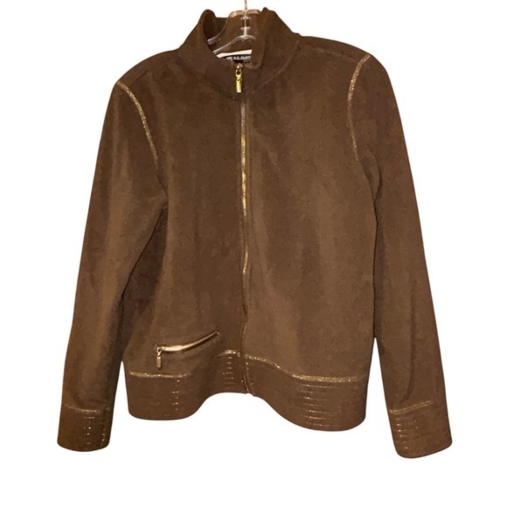 BC Clothing Women’s Brown Fleece Bomber Jacket‎ Gold Zipper Medium Comfy Layer